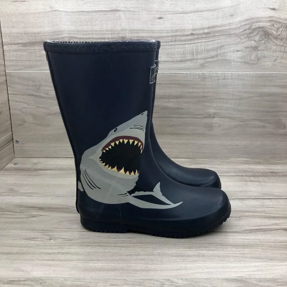 Joules Rain Boots Kids 2 Blue Rubber Slip On Shark Waterproof